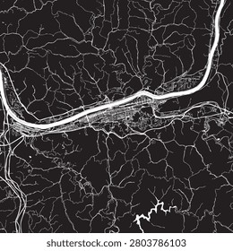 Huntington West Virginia Vector Map, Detailed Riverfront City Street Map Black and White Minimalist Line Art