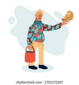 The huntsman holds an owl in his hand. A forester with a smile and in a special form picks mushrooms and protects the forest. Simple flat vector cartoon illustration.