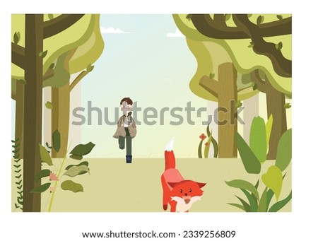 The huntsman and the wolf in the forest