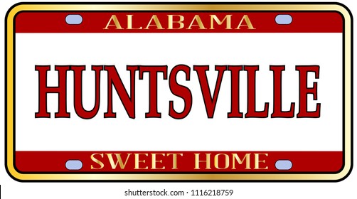 Huntsville Alabama state license plate in the colors of the state flag with the state name over a white background