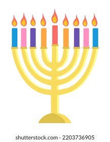 Hunukkah menorah icon vector illustration isolated on white background Golden menora sticker with 7 bright colorful short thick candles. Vector illustration in flat style 