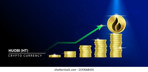 Huobi (HT) Coin crypto on blue background. Stablecoin blockchain token price increase from pile of gold coins.There is space to enter message. Nice for cryptocurrency digital money concept.