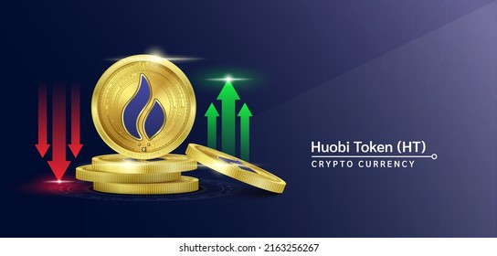 Cartel de criptodivisa de huobi Token. Futura moneda en el mercado bursátil de blockchain con flechas rojas-verdes arriba y abajo. Monedas de oro cripto monedas. Cartel de noticias de fondo sólido. Vector 3D.