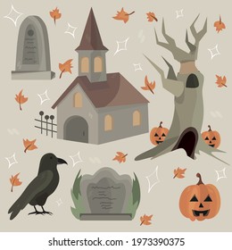 Hurch In A Hollow With Gravestones, A Crow, A Tree And A Pumpkin. Mystical Set. Vector Illustrations For Games, Books And Other Designs. Halloween. Sleepy. Cartoon Style.