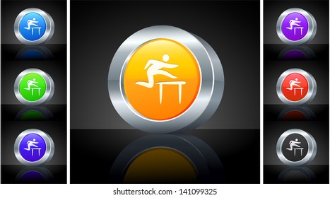 Hurdle Icon on 3D Button with Metallic Rim Original Illustration 
