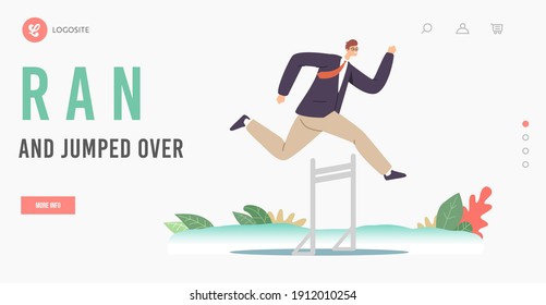 Landing Page Template für Hurdle Jump. Erfolgreicher Leader Business Man Charakter Running Race auf Stadion Springen über Barrier. Die Herausforderung für den Führungspersönlichkeiten der Wirtschaft Cartoon-Vektorgrafik