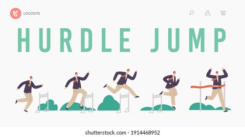 Hurdle Jump Landing Page Template. Business Man Character Running with Obstacles Competition. Businessman Jumping over Barriers, Cross Finish Line. Challenge, Leader Chase. Cartoon Vector Illustration