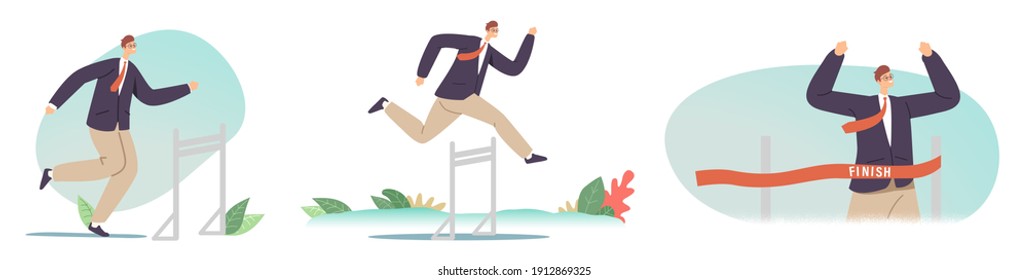 Hurdle Jump, Obstacles Running Competition, Leadership, Sport Challenge, Leader Chase. Businessman Jumping over Barriers, Business Man Character Cross Finish Line. Cartoon Vector Illustration, Icons