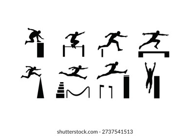 Hurdle Jump Running Silhouette Set Athletics Track Athlete Icons Vector