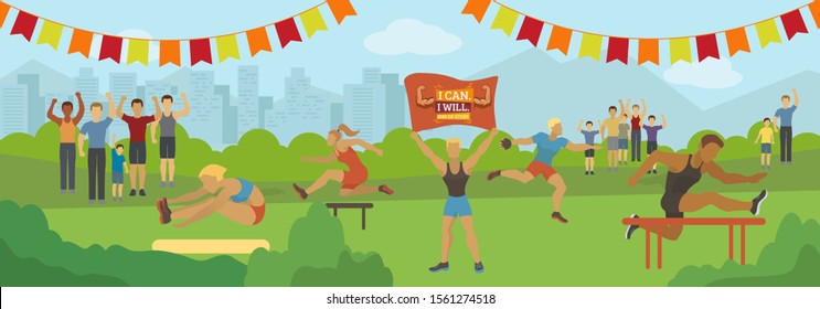 Hurdle race and different athletics sport activity or competition vector illustration flat style. People men and women running and jumping over barriers, throwing core. City background, fans.