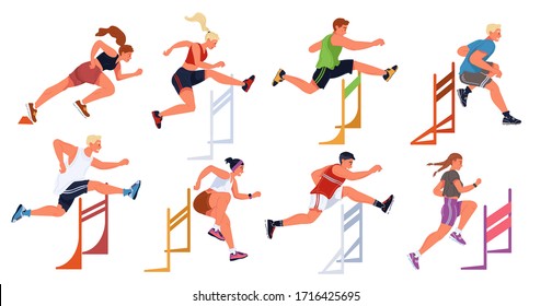 Carrera deportiva, competencia de salto deportivo femenino y masculino. Atletas, hombres, mujeres que participan en la fase de la escalera, en la carrera de obstáculos. Vector fija la ilustración plana aislada en fondo blanco. Jóvenes campeones.