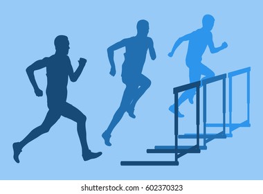 Hurdle race man jumping over obstacle vector blue background