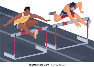 hurdle race, two men compete and jump over the hurdle on the run,