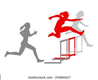 Hurdle race woman barrier running vector background winner overcoming difficulties concept