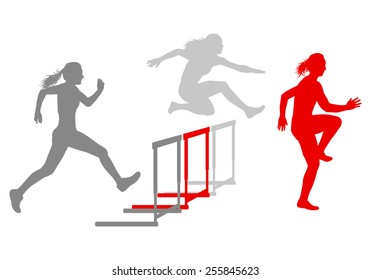 Hurdle race woman barrier running vector background winner overcoming difficulties concept