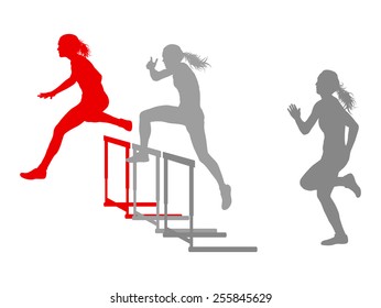 Hurdle race woman barrier running vector background winner overcoming difficulties concept