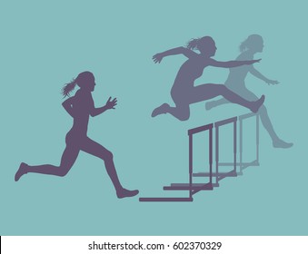 Hurdle race woman jumping over obstacle vector background