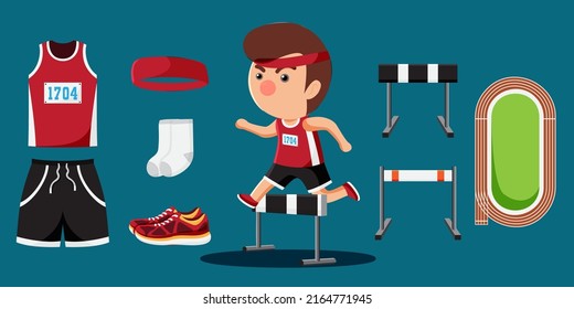 Hurdle racing athletics player cartoon and equipment set such as hardle, track, shoes, apparel, uniform. Objects isolated on a blue background.
