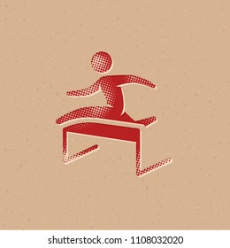 Hurdle run icon in halftone style. Grunge background vector illustration.
