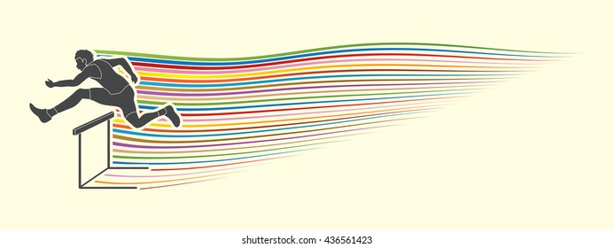 Hurdler hurdling designed with line rainbows movement graphic vector.