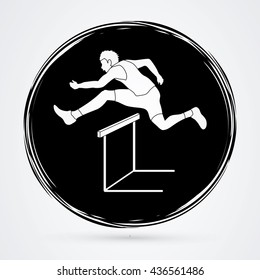 Hurdler hurdling designed on grunge circle background graphic vector.