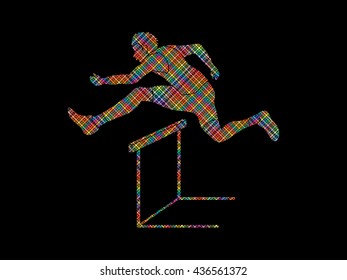 Hurdler hurdling designed using colorful pixels graphic vector.
