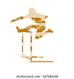 Hurdler in race vector background concept made of forest trees fragments isolated on white