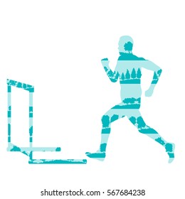 Hurdler in race vector background concept made of forest trees fragments isolated on white