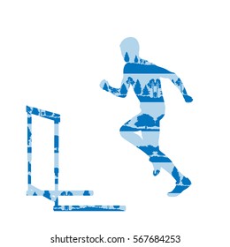 Hurdler in race vector background concept made of forest trees fragments isolated on white