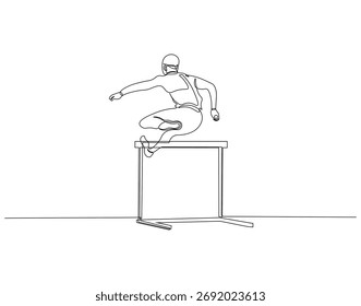 Linha contínua com obstáculos. Desenho contínuo de uma linha de pessoa praticando saltos em obstáculos. Conceito de esportes atléticos. Desenho de linha única
