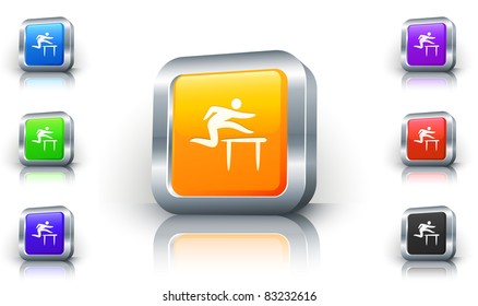 Hurdles Icon on 3D Button with Metallic Rim Original Illustration