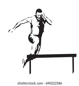 Hurdles race, running and jumping man abstract vector silhouette