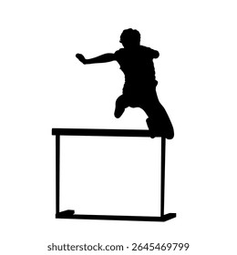 Hurdles running, young man jumping over hurdle, athletics