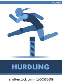 Hurdling. Barrier running. Overcoming the Let. Women. Run. Athletics. Cross-country sports; racing competition. The symbolic image of a girl. One of a series. Female.  Vector. 