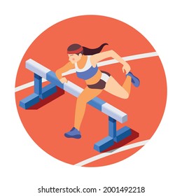 Hurdling isometric composition with woman jumping over hurdles vector illustration