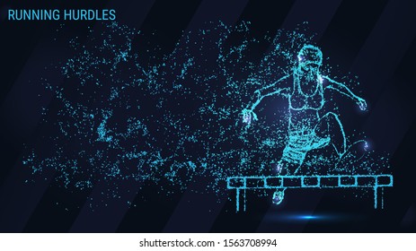 Hurdling is made up of particles. The hurdles are composed of dots and circles. Woman running hurdles.