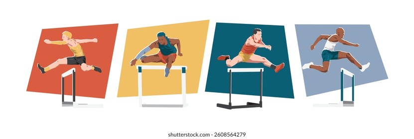 Hurdling male athlete characters. Sport, running, race concept. Different actions, poses. Cartoon flat vector illustration.