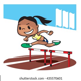 Hurdling race competition. Cartoon character. Vector illustration