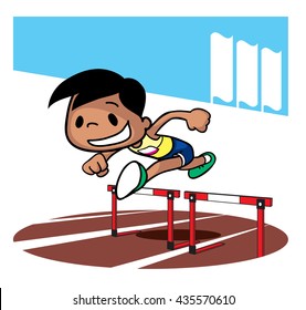 Hurdling race competition. Cartoon character. Vector illustration
