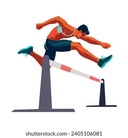 Deporte arrollador. Atleta corredor corriendo, saltando sobre el obstáculo. Hombre corredora arrolladora superando la barrera de la raza. Atletismo, deportista profesional. Ilustración vectorial plana aislada en fondo blanco