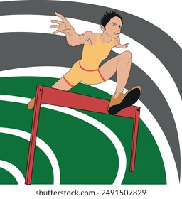 Hurdling sport. Runner athlete running, jumping over obstacle. Man hurdler runner overcoming barrier on race. Athletics, professional sportsman. Flat vector illustration.