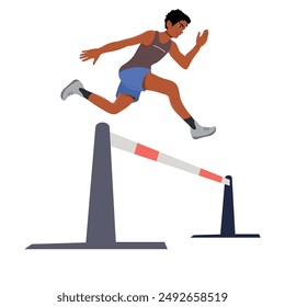 Hurdling sport. Runner athlete running, jumping over obstacle. vector.