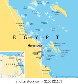 Hurghada and vicinity, Egypt, political map. City and area in the Red Sea Governorate of Egypt, and one of the main tourist centres of the country, located on the Red Sea coast, with numerous resorts.