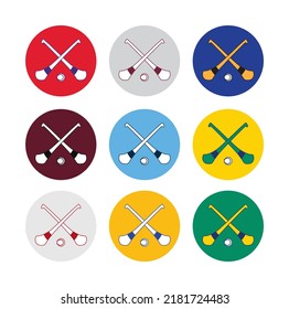Hurl and Sliotar logo for Hurling team. Colours represent different counties. Traditional Irish sport. Celtic Gaelic sport equipment in line vector.
