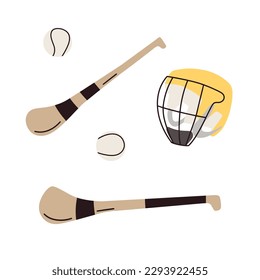 Hurling game stick, ball and helmet icons. Gaelic football sport equipment. Vector illustration isolated on white background.