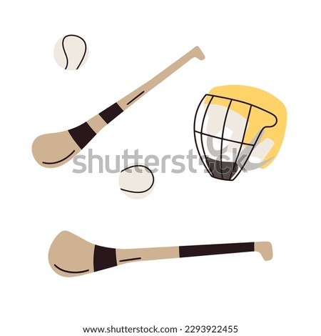 Hurling game stick, ball and helmet icons. Gaelic football sport equipment. Vector illustration isolated on white background.