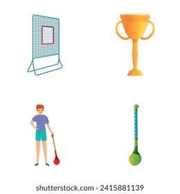 Hurling icons set cartoon vector. Player in helmet and hurling equipment. Ireland traditional sport