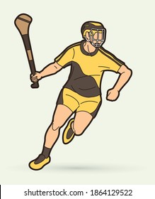 Hurling sport player action. Irish Hurley sport cartoon graphic vector.