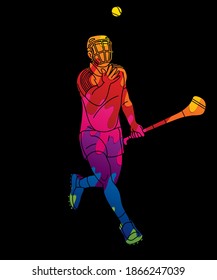 Hurling sport player action. Irish Hurley sport cartoon graphic vector.