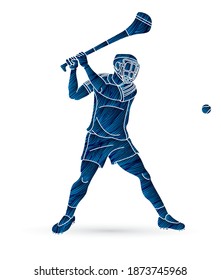 Hurling sport player action. Irish Hurley sport cartoon graphic vector.